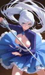 ai_generated blue_eyes bolero breasts breasts_out dress earrings female fighting_stance kosine1777 mistral_outfit mjolnir nipples rooster_teeth rwby side_ponytail skirt sleeveless_dress small_breasts sword weiss_schnee weiss_schnee_(mistral) white_hair