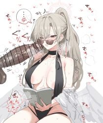1boy 1girls angry big_breasts black black_one-piece_swimsuit blue_archive blush breasts brown_eyes brown_hair censored cleavage collarbone dark-skinned_male dark_skin ear_piercing earrings female halo horn/wood huge_cock interracial interspecies light-skinned_female light_skin long_hair male nagisa_(blue_archive) official_alternate_costume official_alternate_hairstyle penis penis_on_cheek ponytail simple_background sunglasses sweat swimsuit tagme tea_party_(blue_archive) text trinity_general_school_student