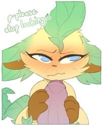 2021 ambiguous_feral ambiguous_gender backsash blue_eyes blush blush_lines bodily_fluids brown_body brown_fur brown_inner_ear brown_paws cheek_tuft dialogue duo eeveelution english_text erection eyelashes facial_tuft feral first_person_view fur generation_4_pokemon genitals green_body green_ears green_tail handjob hi_res holding_penis human human_on_feral humanoid_genitalia humanoid_penis icon interspecies larger_human larger_male leaf leaf_ears leaf_hair leaf_tail leafeon looking_away male male/ambiguous male_human male_on_feral mammal multicolored_body multicolored_fur nintendo paws penile penis pink_penis plant plant_hair pokemon pokemon_(species) pokephilia pseudo_hair sex simple_background size_difference smaller_ambiguous smaller_feral sweat tail talking_feral talking_to_viewer tan_body tan_fur text tuft white_background zoophilia