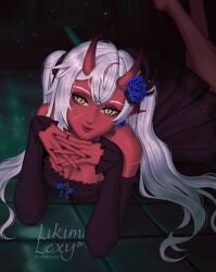 akumi breasts cleavage dark_skin earrings female fingernails flower hair_flower hair_ornament hands_clasped hands_together horns interlocked_fingers jewelry long_hair looking_at_viewer lying nail_polish own_hands_together red_skin solo vyugen white_hair yellow_eyes