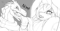 allsonwa ambiguous_gender anthro anthro_only blood blood_in_mouth blood_on_clothing blood_on_face bodily_fluids carcharodontosaurid clothing dinosaur dominant dominant_anthro dominant_female duo english_text eyewear female female/ambiguous genitals giganotosaurus glasses grey_background grey_body hand_on_hip hi_res jara_(allsonwa) jewelry model_sheet necklace nervous open_mouth piercing prehistoric_species pussy red_sclera reptile saliva saliva_string scalie sharp_teeth simple_background solo_focus spikes spikes_(anatomy) standing tail_around_partner teeth text theropod tongue tongue_piercing topwear vore wearing_glasses white_body white_eyes
