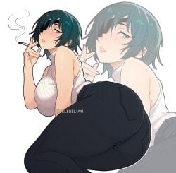 1girls ass bare_shoulders black_pants blush breasts celebelian chainsaw_man cigarette eyepatch female from_behind green_eyes green_hair highres himeno_(chainsaw_man) holding holding_cigarette large_breasts lips looking_at_viewer looking_back lying on_side pants parted_lips shiny_skin short_hair sleeveless sleeveless_turtleneck smoke smoking turtleneck