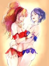 2girls blue_eyes blue_hair blue_panties blue_underwear breast_press breasts brown_eyes brown_hair dancer dancer_outfit female long_hair medium_breasts octopath_traveler panties pantyshot pantyshot_(standing) ponytail primrose_azelhart red_panties red_underwear short_hair strapless tube_top tubetop underwear yuri yusufa