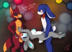 animal_genitalia animal_penis animatronic anthro areola balls black_nose blue_eyes blush bodily_fluids bonnie_(fnaf) bow_tie breasts canid canine canine_genitalia canine_penis canis clothing digital_media_(artwork) drace_the_rabbit duo e-01 erection eye_patch eyewear fellatio female female_penetrated five_nights_at_freddy's fox foxy_(fnaf) fur genital_fluids genitals grey_body grey_fur group group_sex hair hi_res knot lagomorph leporid machine male male/female male_penetrating male_penetrating_female mammal multicolored_body nipples nude oral oral_penetration penetration penile penile_penetration penis pubic_tattoo pussy rabbit red_body robot scottgames sex simple_background smile spitroast teeth threesome tongue trio vaginal_penetration vulva white_body white_fur