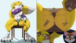 absurd_res anthro aplastante asphyxiation ass bandai_namco breasts canid canine clothing crush deer digimon digimon_(species) female fox fur group handwear hi_res human humanoid macro male male/female mammal micro nipples panties renamon sitting_on_another size_difference smothering underwear yellow_body yellow_fur