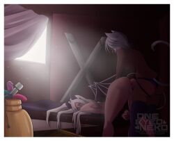 2girls anal_beads animal_ears ass bed bent_over black_legwear breasts cat_ears curtains demon_girl demon_tail dildo female fingering indoors long_hair medium_breasts multiple_girls nipples nude panties pussy sex_toy short_hair sitting standing strap-on tail thighhighs uncensored underwear underwear_only vibrator white_hair window wings yuri