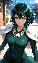 ai_generated bangs belt black_belt black_hair black_pants breasts coat collarbone collared_shirt cowboy_shot female fubuki_(one-punch_man) fur_trim green_eyes green_hair green_nails hand_on_hip high-waist_pants high_resolution highres jewelry large_breasts lips lipstick long_sleeves looking_at_viewer makeup nail_polish necklace one-punch_man pants pearl_necklace rcos red_lips s shirt short_hair smile solo