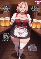 1girls 2025 ai_generated apron beer beer_mug big_breasts breasts child_bearing_hips cleavage dialogue embarrassed embarrassed_female female female_only green_eyes huge_breasts naruto pink_hair rokten_art sakura_haruno sweat sweatdrop sweating sweaty text thick_thighs waitress