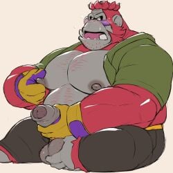 anthro ape balls balls_grab big_muscles big_pecs blush clothed clothing donkey_kong_(series) erection foreskin fur genitals gorilla grey_body grumpy_kong haplorhine hi_res kong male male_only mammal masturbation monkey muscles muscular nintendo nipple_fetish nipple_grab nipple_play nipples othukimi overweight partially_clothed pecs penis penis_grab primate red_body red_fur simple_background sole_male solo solo_focus solo_male teeth tongue uncircumcised white_background