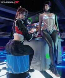 2girls 3d 3d_(artwork) absurd_res arcade ass big_ass black_hair breasts brown_hair capcom exposed_midriff fatal_fury feet female fit_female hair highres juri_han leather long_hair looking_at_viewer mai_shiranui multicolored_hair nail_polish ponytail pubes pubes_exposed pubic_hair pubic_hair_peek purple_hair revealing_clothes shaddoll_x skimpy_clothes snk spiked_collar stirrup_legwear streaked_hair street_fighter street_fighter_6 thick_thighs thin_waist tight_clothing toenail_polish toenails toes wide_hips