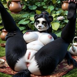 1girls adult_woman ai_generated big_breasts black_fur black_hair breasts chubby chubby_female curvy curvy_body curvy_female curvy_figure female female_only forest_background fur furry furry_female furry_only green_eyes hair_bun laying_on_back legs_apart legs_open legs_spread legs_up nowrin panda pandaren pandaren_female pandaria presenting presenting_anus presenting_hindquarters presenting_pussy pussy rug stable_diffusion tea warcraft white_fur world_of_warcraft