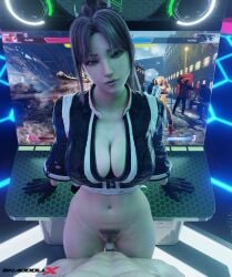 1boy 1girls 3d 3d_(artwork) absurd_res arcade breasts capcom cleavage fatal_fury female gloves highres leather leather_clothing looking_at_viewer mai_shiranui male missionary missionary_position ponytail pubic_hair sex shaddoll_x snk standing standing_missionary standing_sex street_fighter street_fighter_6