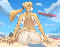 anthro ass back_boob big_breasts big_butt biped blonde_hair breasts bubble_butt butt_focus clouds day domestic_cat felid feline felis female female_anthro fur genitals hair looking_back mammal mihoyo morning mouth_closed multicolored_body nude nude_anthro nude_female outdoor_nudity outside plump_labia ponytail pose presenting_hindquarters pulchra_fellini ratxiao rear_focus rear_view sand sea seaside sky solo spotted_tail tail tail_markings tasteful_nudity vehicle vulva water yellow_body yellow_fur zenless_zone_zero
