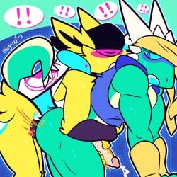 anal anal_sex anthro blush bodily_fluids canid canine clothing digital_media_(artwork) duo eeveelution erection fizzyjay fur generation_1_pokemon genitals hi_res humanoid_genitalia humanoid_penis jay_(fizzyjay) jolteon lizardman male male/male male_penetrated male_penetrating male_penetrating_male mammal muscular muscular_male nintendo penetration penis pokemon pokemon_(species) scalie sex simple_background yellow_body yellow_fur