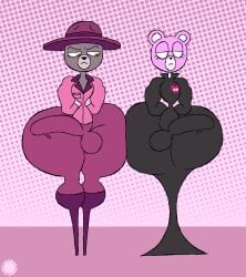 aliasing anthro artist_logo artist_name bear boots bottom_heavy bottomwear brown_body brown_fur bulge clothing curvy_figure detailed_bulge digital_media_(artwork) duo erection eyelashes eyewear facial_markings featureless_feet feet femboy footwear fur genital_outline glasses half-closed_eyes halftone halftone_background hands_behind_back hat head_markings headgear headwear heart_symbol hi_res hip_to_hip huge_hips huge_thighs jacket knee_boots knee_highs legwear logo looking_down male mammal markings muzzle_(marking) narrowed_eyes padre_(unicorn_wars) pants pattern_background penis penis_outline pink_body pink_fur priest sargento_caricias shoes signature simple_background small_waist text thatdawgmurray thick_thighs topwear unicorn_wars wide_hips