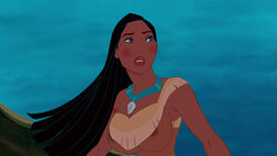 1girls big_breasts breasts clothing conscious dark-skinned_female dark_skin disney disney_princess edit female female_only large_breasts native_american pocahontas pocahontas_(character) screenshot screenshot_edit solo too_much_makeup underboob