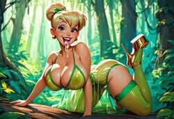 ai_generated blonde_hair breasts bukkake clothing cum cum_in_mouth cum_on_breasts cum_on_face disney female female_only happy high_heels huge_breasts lipstick makeup nipples platform_heels slut stockings tinker_bell
