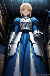 1boy ahoge ai_generated armored_dress armored_gloves artoria_pendragon blonde_hair braided_bun bulge dress fate/stay_night fate_(series) femboy from_below genderswap_(ftm) green_eyes helping_hand indoors light-skinned_male long_dress looking_at_viewer male male_only moonlight night penis penis_outline pov rule_63 saber scene_reference solo storage_room tagme tehmar trap