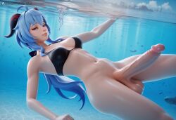 1futa 3d ahoge ai_generated air_bubble balls bikini bikini_top_only black_bikini blue_hair bottomless breasts bubble erection fish futa_only futanari ganyu_(genshin_impact) genshin_impact goat_horns hi_res highres horns huge_cock intersex large_penis light-skinned_futanari lips long_hair lyxen3d medium_breasts navel nose outdoors partially_underwater_shot penis purple_eyes solo submerged swimming swimsuit testicles uncensored underwater veiny_penis water
