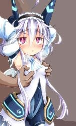 1boy ahoge armpits black_hairband blue_leotard blush breath covered_navel covered_nipples detached_sleeves emil_chronicle_online female frilled_hairband frilled_necktie frills grabbing_another's_breast groping hairband highres horns huyusilver jacket leotard long_hair male mecha_musume mechanical_horns mitama_aria nipple_stimulation raised_inner_eyebrows red_eyes white_hair white_jacket white_sleeves white_wings wings