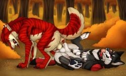 anal anal_sex angel_(velvetvlade) balls black_body black_fur blue_eyes canid canine duo felid feral feral_on_feral feral_penetrated feral_penetrating feral_penetrating_feral forest fur genitals green_eyes grey_body grey_fur hair heterochromia hi_res killthe_demon knotting lying male male/male male_penetrated male_penetrating male_penetrating_male mammal markings mutual_anal_penetration mutual_knotting mutual_penetration narrowed_eyes on_back outside penetration penile penile_penetration penis penis_in_ass plant red_body red_fur red_hair red_penis sex shrub side_view striped_back striped_legs striped_markings striped_neck striped_tail stripes tail tail_markings tan_balls tan_body tan_fur tree white_balls white_body white_fur yellow_eyes yipsky