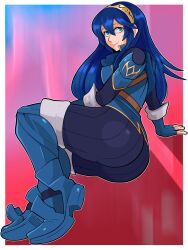 1girls ass blue_eyes blue_hair boots female fingerless_gloves fire_emblem fire_emblem_awakening gloves hair_between_eyes knee_boots long_hair lucina_(fire_emblem) nintendo pepperoni_ravioli solo tiara