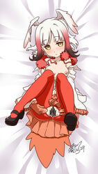 :o absurdres bangs bar_censor bed_sheet black_shoes blunt_bangs blush breasts breasts_apart breasts_out buttons censored collared_shirt empty_eyes expressionless eyebrows_visible_through_hair female foreshortening frilled_sleeves frills from_above fur_collar head_tilt head_wings highres japanese_crested_ibis_(kemono_friends) kemono_friends legs_up long_sleeves looking_at_viewer looking_up mary_janes medium_breasts miniskirt multicolored_hair nipples no_bra open_clothes open_shirt orange_skirt pantyhose parted_lips partially_unbuttoned pleated_skirt presenting pussy red_hair red_legwear shirt shoe_soles shoes signature skirt solo spread_pussy streaked_hair takeya_yuuki torn_clothes torn_pantyhose upskirt white_hair white_shirt wide_sleeves