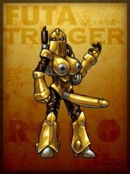 1980s_(style) arm_cannon armor chrono_trigger full_body futanari gun helmet holding holding_weapon intersex linty machine_gun no_humans oldschool parody realistic robo_(chrono_trigger) rocket_launcher science_fiction signature solo solo_futa standing style_parody traditional_media weapon