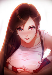 absurdres black_hair blush breasts clothed_female_nude_male clothed_sex dark-skinned_male earrings erect_nipples female final_fantasy final_fantasy_vii gloves happy_sex looking_at_viewer paizuri paizuri_under_clothes penis pinkladymage red_eyes smiling tagme tank_top tifa_lockhart