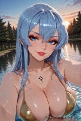 2025 ai_generated akame_ga_kill! anime bangs bare_shoulders bikini blue_eyes blue_hair blush breasts chest_tattoo cleavage collarbone crossover esdeath_(akame_ga_kill!) eyelashes female female female_focus gold_bikini hair_between_eyes highres lake large_breasts lips lipstick long_hair looking_at_viewer makeup nsfw outdoors parted_lips partially_submerged red_lips reflection rognezart shiny shiny_clothes shiny_skin sky smile solo sunset swimsuit tattoo tree upper_body water wet wet_hair yellow_bikini