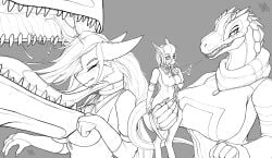 allsonwa ambiguous_gender anthro anthro_only blood blood_in_mouth blood_on_clothing blood_on_face bodily_fluids carcharodontosaurid clothing dinosaur dominant dominant_anthro dominant_female duo english_text eyewear female female/ambiguous genitals giganotosaurus glasses grey_background grey_body hand_on_hip hi_res jara_(allsonwa) jewelry model_sheet necklace nervous open_mouth piercing prehistoric_species pussy red_sclera reptile saliva saliva_string scalie sharp_teeth simple_background solo_focus spikes spikes_(anatomy) standing tail_around_partner teeth text theropod tongue tongue_piercing topwear vore wearing_glasses white_body white_eyes