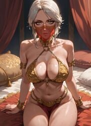 ai_generated bed bedroom big_breasts bra breasts cd_projekt_red ciri female green_eyes light-skinned_female looking_at_viewer mascara pindar007 scar slave_bikini slave_collar slave_outfit slavegirl solo solo_female the_witcher_(series) the_witcher_3:_wild_hunt veil watermark wet_body white_hair
