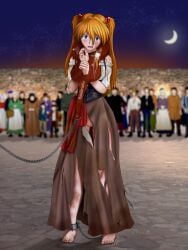 arrested asuka_langley_sohryu audience bondage bondage chained chains common crowded dirty_body dirty_face dirty_feet female medieval medieval_clothing neck_violin neon_genesis_evangelion parallel punishment scold shackles time_travel torn_clothes torn_clothing torn_shirt