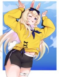 ;p animal_ears arms_up bangs blonde_hair blue_eyes blue_sky blurry blurry_foreground bunny_ears bunny_tail choker cowboy_shot day eyebrows_visible_through_hair female hairbow long_hair long_sleeves looking_at_viewer navel one_eye_closed sailor_collar shorts sky smile solo tail thigh_strap tongue tongue_out vyugen yenko