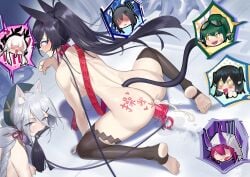 2girl animal_ears arknights ass bare_back blaze_(arknights) bound_together catgirl catgirls condom_belt female functionally_nude leash_and_collar ningre_huahe nipple_piercing nipples nude object_in_mouth piercing sex_toy siblings sisters tail whip xingzhu_(arknights)