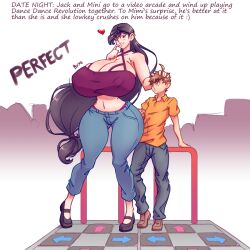 1boy 1girls amazon breasts brother_complex dance_dance_revolution duo female hand_on_head head_grab heart huge_breasts jack_knight_(n647) larger_female male mimi_haruki_(n647) n647 nipple_bulge size_difference taller_girl text thick_thighs wide_hips