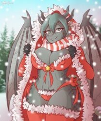 2024 5:6 anthro biped blue_eyes blue_sky bow_ribbon bra christmas christmas_clothing clothing day digital_media_(artwork) dragon evergreen_tree female grey_body grey_scales hi_res holidays horn jacket legwear looking_at_viewer membrane_(anatomy) membranous_wings mythological_creature mythological_scalie mythology outside panties pattern_clothing pattern_scarf pine_tree plant red_bra red_clothing red_jacket red_legwear red_panties red_thigh_highs red_topwear red_underwear scales scalie scarf shaded sky snow snowing solo spider_bones standing striped_clothing striped_scarf stripes thick_thighs thigh_highs topwear tree underwear wings