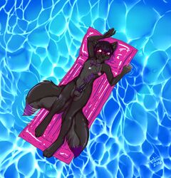 2016 2_tails animal_genitalia animal_penis anthro antiroo armpits balls black_fur black_hair canine canine_penis clothing dipstick_tail eyewear floating fur hair highlights male male_only mammal multi_tail multicolored_tail penis purple_highlights purple_penis relaxing sheath solo sunglasses swimming_pool swimming_trunks swimsuit tattoo water