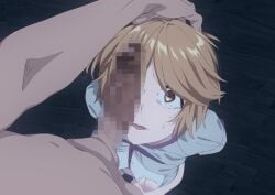 1boy arms_behind_back blonde_hair bondage bottomless bound breasts brown_eyes censored commentary_request female grabbing_another's_hair highres holding_another's_hair imminent_rape looking_up male medium_breasts mosaic_censoring nipple_cutout nipples nude open_mouth original penis penis_on_face penis_over_one_eye short_hair straight sweat tearing_up torn_clothes wide-eyed yamada_taro_(yamada_tarou00)