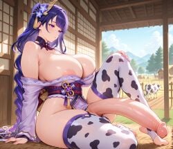 1futa ai_generated animal_print areola_slip areolae balls bangs bare_shoulders blue_sky blush breasts cleavage cow_print erection farm feet female flaccid footjob futa_only futanari genshin_impact huge_breasts huge_cock intersex japanese_clothes large_penis light-skinned_futanari long_hair mature_female penis purple_eyes purple_hair racerai raiden_shogun sitting sky sliding_doors smile solo testicles thick_thighs toes tree very_long_hair