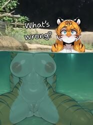 :/ animal_ears arm_support blue_eyes breasts cleft_of_venus clitoral_hood clitoris english_text female furry furry_female highres large_breasts long_hair looking_at_viewer navel nipples orange_hair original outdoors partially_submerged partially_underwater_shot photo-referenced photo_background pool pussy raised_eyebrow sitting striped_fur striped_hair thighs tiger_ears tiger_girl tiger_stripes wariza water whloffortune