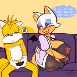 1:1 anthro bat bathrobe bedroom_eyes bent_legs big_breasts blush bra breasts canid canine clothed clothing controller dialogue duo english_text female fox furniture game_controller gaming goat-kun half-closed_eyes heart hi_res holding_controller holding_game_controller holding_object huge_breasts kneeling legs_over_edge legwear male mammal microsoft narrowed_eyes nipples nude open_mouth playing_video_game robe rouge_the_bat seductive sega sitting sofa sonic_(series) sonic_the_hedgehog_(series) stockings tails tails_the_fox text thick_thighs underwear wings wireless_controller xbox xbox_controller xbox_game_studios xbox_one