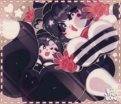 1980s_(style) 2025 2025s 2females 2girls :3 against_fourth_wall against_glass ahoge artist_logo artist_name beret black_eyes black_hair black_hat black_pants black_sclera bluethebone blush bonbon_(derpixon) breasts cameltoe chuchu_(derpixon) colored_sclera colored_skin digital_art digital_drawing digital_drawing_(artwork) digital_media digital_media_(artwork) digital_painting digital_painting_(artwork) duo facial_mark female female_focus female_only gloves grey_background hair handwear hat heart heart-shaped_pupils heart_facial_mark heart_on_cheek invisible_wall large_breasts long_sleeves looking_at_viewer lying mime mime_and_dash multiple_girls oldschool one_eye_closed open_mouth pants raised_eyebrow red_gloves red_handwear retro_artstyle shirt short_black_hair short_hair siblings sisters smile sparkle spread_legs star-shaped_pupils star_(symbol) star_facial_mark star_on_cheek striped_clothes striped_shirt symbol-shaped_pupils thick_thighs thighs tongue tongue_out v white_eyes white_shirt white_skin wink