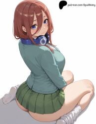 1girls ai_generated arms_between_legs ass bangs blue_eyes blue_sweater blush brown_hair curvy female from_behind go-toubun_no_hanayome green_skirt hair_between_eyes hand_between_legs headphones hi_res high_quality high_resolution highres legs light light_blush light_smile lips looking_at_viewer medium_hair nakano_miku nose opal_nemy patreon patreon_logo patreon_url patreon_username plain_background self_upload shadow shiny shiny_hair shiny_skin simple_background sitting skirt socks solo thick_thighs thighs wariza watermark white_background white_socks