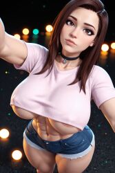 1girls 3d 3d_(artwork) abs ai ai_generated bare_legs bare_midriff big_ass big_breasts big_butt bokeh booty_shorts breasts brown_hair busty choker crop_top female jean_shorts long_hair miri_(oc) radnsad solo solo_female solo_focus thick_ass thick_legs thick_thighs toned toned_body toned_female underboob