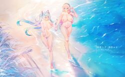 2girls absurdres aqua_nails aqua_pubic_hair arm_tattoo artist_name beach black_hairband blue_eyes blush breasts character_name chinese_commentary cleavage cleft_of_venus closed_mouth collarbone colored_pubic_hair completely_nude day female female_pubic_hair fingernails groin hair_between_eyes hair_ornament hairband hatsune_miku highres holding_hands huge_breasts knees large_breasts long_hair looking_at_another megurine_luka multiple_girls nail_polish navel nipples nude number_tattoo ocean outdoors pink_hair pink_pubic_hair pointing pubic_hair pussy sand signature smile songjiangcc stomach tattoo thighs twintails vocaloid walking yuri zenra