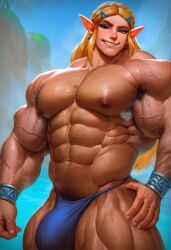 1boy abs ai_generated alternate_body_type ambiguous_gender ambush_(trap) arm_behind_head arm_hair arm_veins armpit_hair bara barechested biceps blonde_hair blue_eyes boy braid braided_hair breasts bulge bulge_through_clothing chest_hair civitai club_shaped_penis day earrings feet_out_of_frame genderswap_(ftm) hair_ornament hairclip hairy hairy_armpits hairy_arms hairy_chest hairy_legs hand_on_hip hyper_pecs large_pectorals leg_hair long_hair looking_at_viewer male male_focus male_swimwear man_nipples masculine_male muscles muscular muscular_chest muscular_male navel navel_hair nintendo nipples outdoors outside pecs pecs_focus pectorals penis pointy_ears princess_zelda pubic_hair pubic_hair_peek rule_63 sewoh26 shirtless_male side_view smile solo solo_focus steaming_body the_legend_of_zelda thick_arms thick_eyebrows thick_thighs thighs topless topless_male underwear veins water yaoi