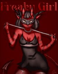 demon_girl demon_horns demon_tail digital_art digital_drawing_(artwork) female magazine_cover mask masked_female minidress oc original_character painted_nails striped_body tied_neck tights whip yellow_eyes