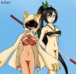 2girls animal_hood bikini_top black_hair bottomless breasts cat_hood female glasses grin hood long_hair multiple_girls navel nude red_eyes smile sword tail taokaka twin_braids weapon