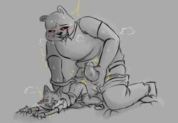 alessandro_(artist) alternative_fashion anthro aroused ass_up bear big_dom_small_sub big_penis blush bodily_fluids bottomwear bottomwear_down breath clothed clothing domestic_cat dominant dominant_male dreamworks dripping drooling duo erection excited eye_roll fan_character felid feline felis footwear genital_fluids genitals gloves grabbing_sheets grin hand_on_back handwear heart_eyes heart_symbol holding_penis humanoid_genitalia humanoid_penis imminent_anal imminent_sex interspecies kneeling looking_down lust lustful_gaze lying male male/male mammal monochrome narrowed_eyes on_front open_mouth open_smile pants pants_down partially_clothed penis penis_size_difference pinned pinned_by_hand pointy_ears precum precum_drip prick_ears puss_in_boots_(dreamworks) puss_in_boots_(franchise) red_eyes saliva shaded shaking shirt shoes size_difference skinny smile submissive submissive_male sweat sweatdrop tail tail_around_arm teeth topwear tremble_spikes trembling vein veiny_penis war_(personification) war_(plobster) whiskers